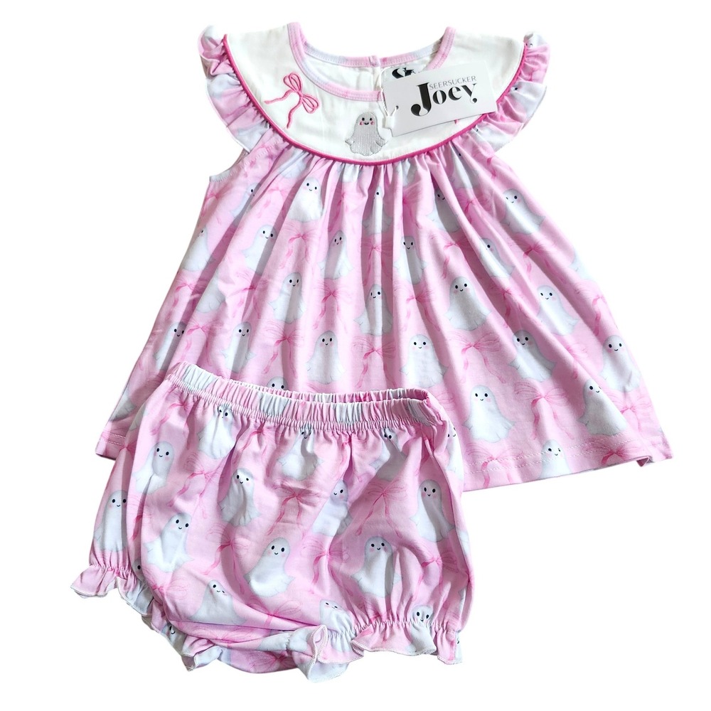 NEW Ghost Hallowen Seersucker Joey Pink Dress Bloomers Set 18-24M Boutique